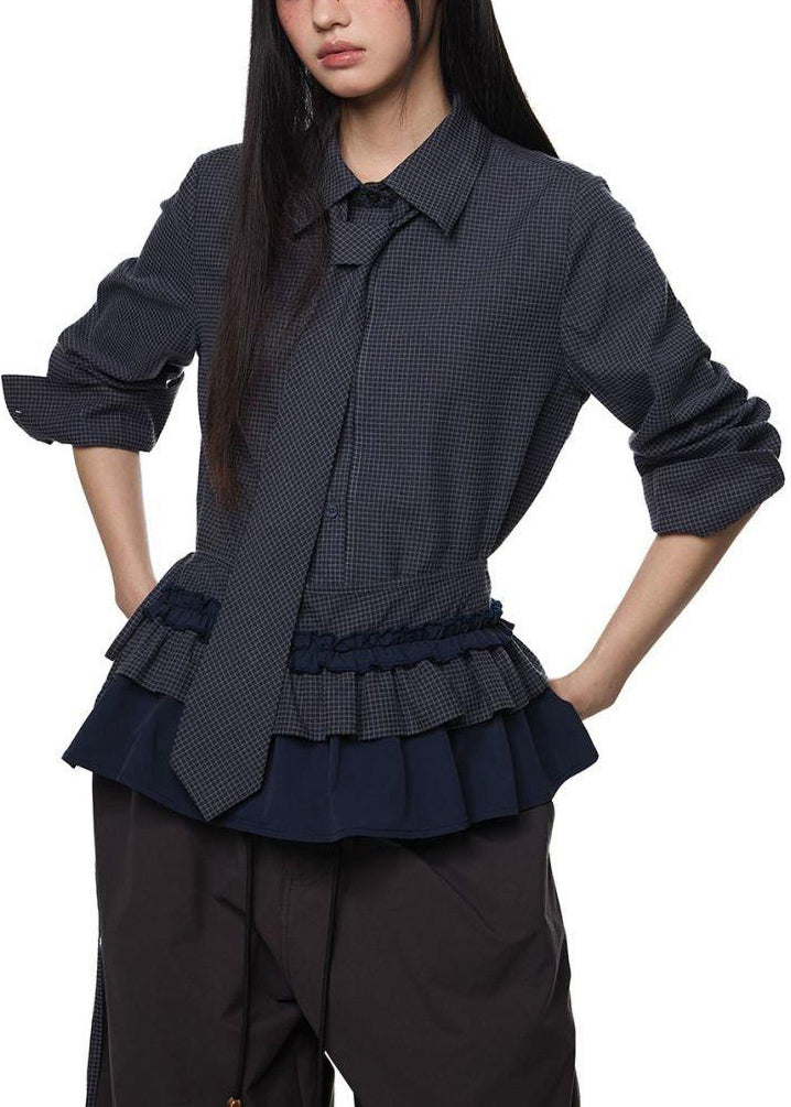 Vogue Black Plaid Peter Pan Collar Ruffled Button Shirts Fall