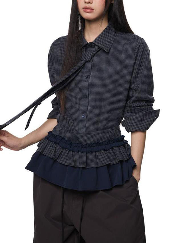 Vogue Black Plaid Peter Pan Collar Ruffled Button Shirts Fall