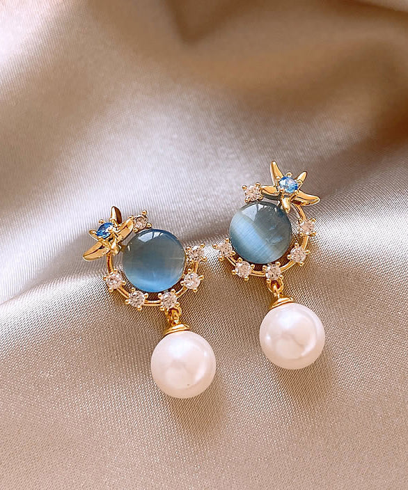 Vogue Blue Copper Overgild Zircon Pearl Cat's Eye Stone Drop Earrings