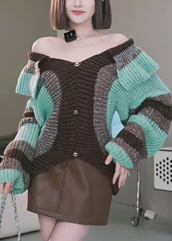 Vogue Blue Slash Neck Striped Thick Cotton Knit Sweaters Lantern Sleeve