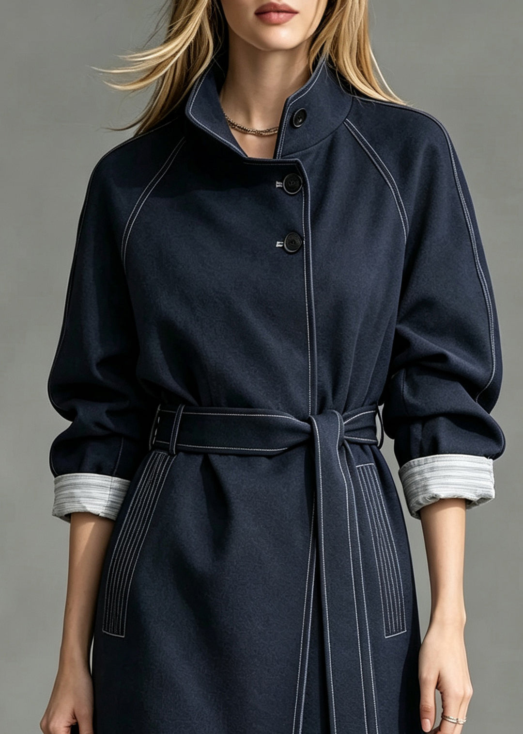 Vogue Blue Stand Collar Pockets Trench Coat Fall
