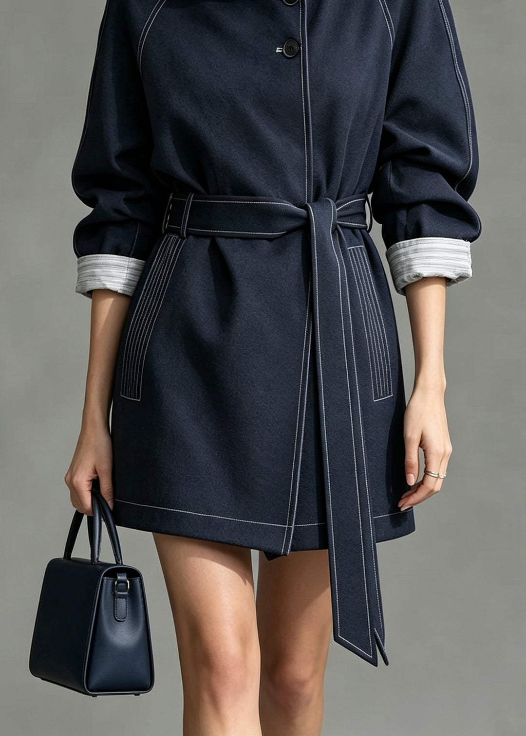 Vogue Blue Stand Collar Pockets Trench Coat Fall
