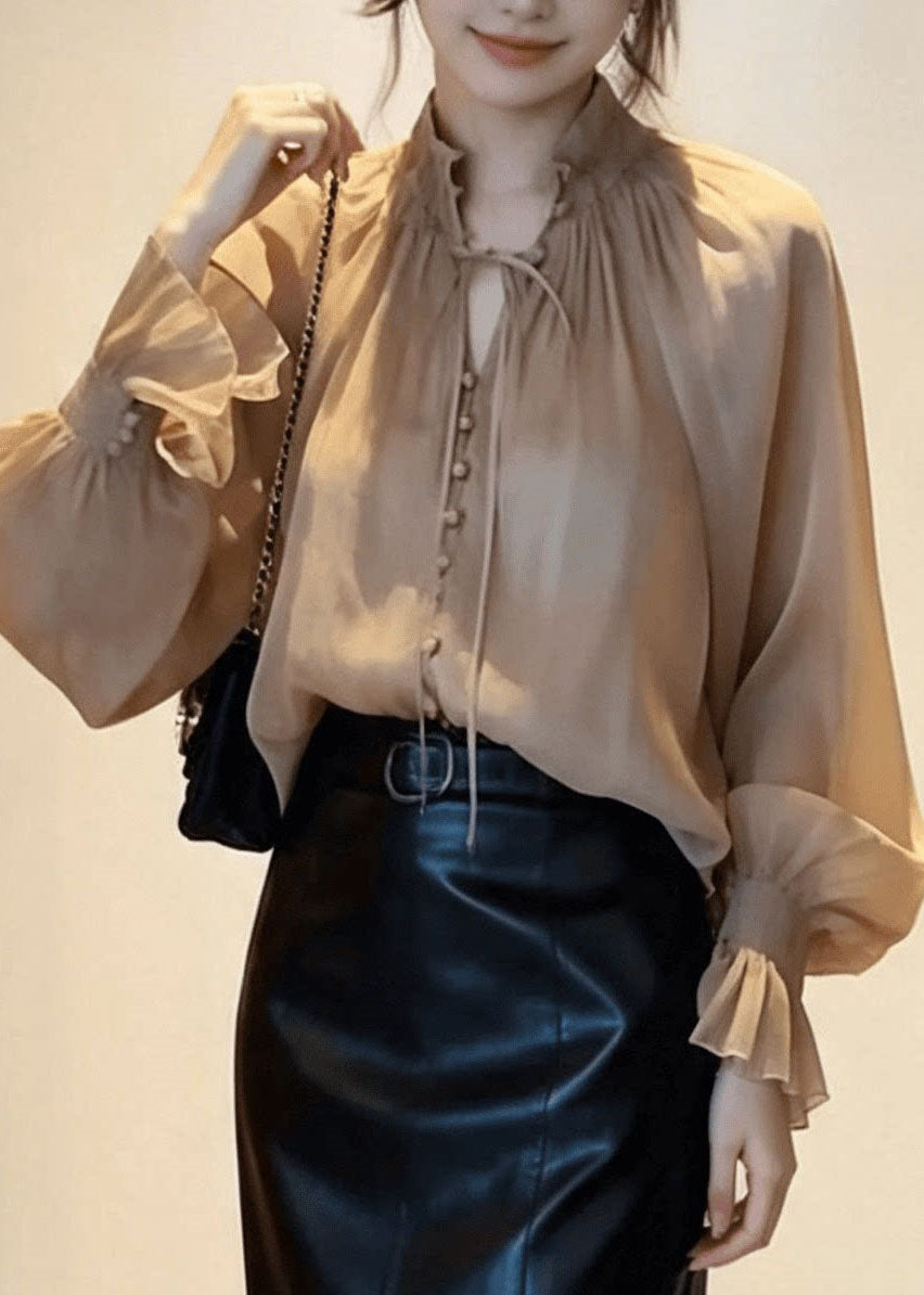 Vogue Champagne Stand Collar Tie Lace Wrinkle Solid Shirt Lantern Sleeve