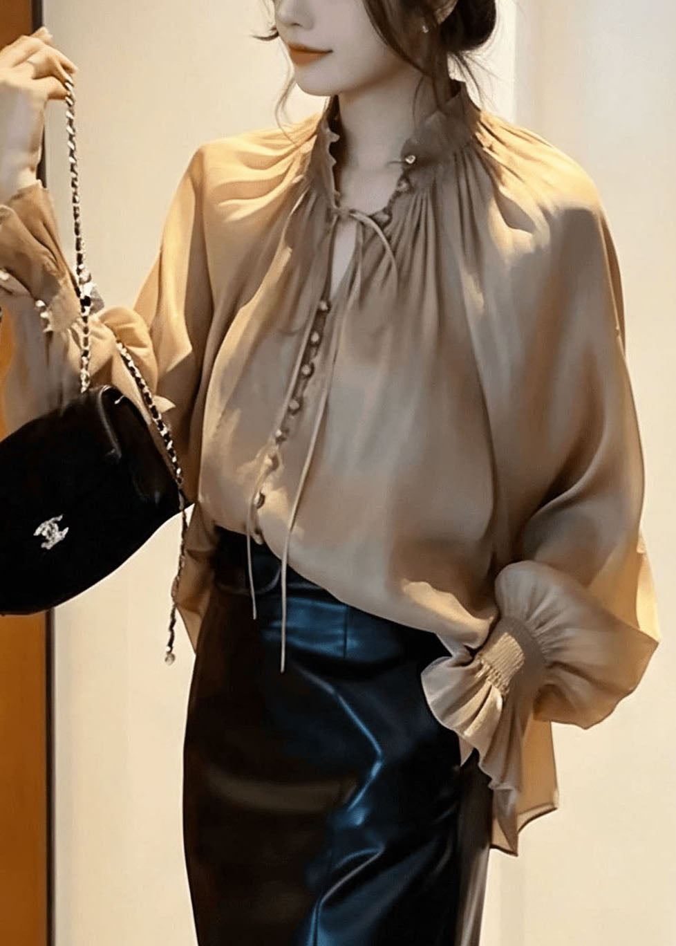 Vogue Champagne Stand Collar Tie Lace Wrinkle Solid Shirt Lantern Sleeve