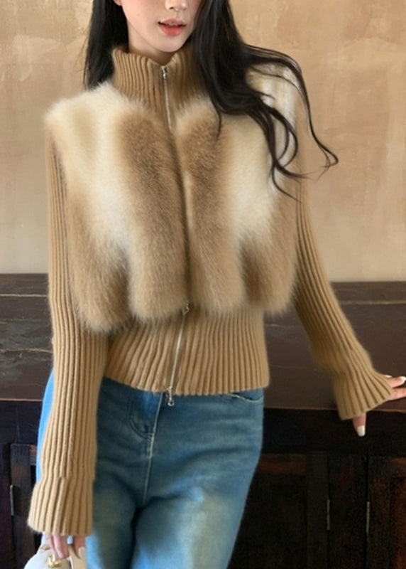 Vogue Coffee Turtleneck Zippered Patchwork Cotton Knit Cardigans Winter