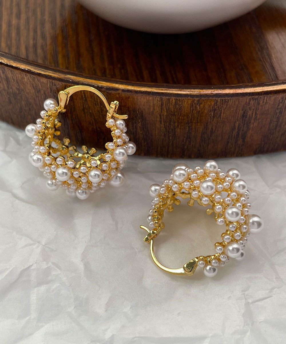 Vogue Colorblock Copper Overgild Pearl Hollow Out Hoop Earrings