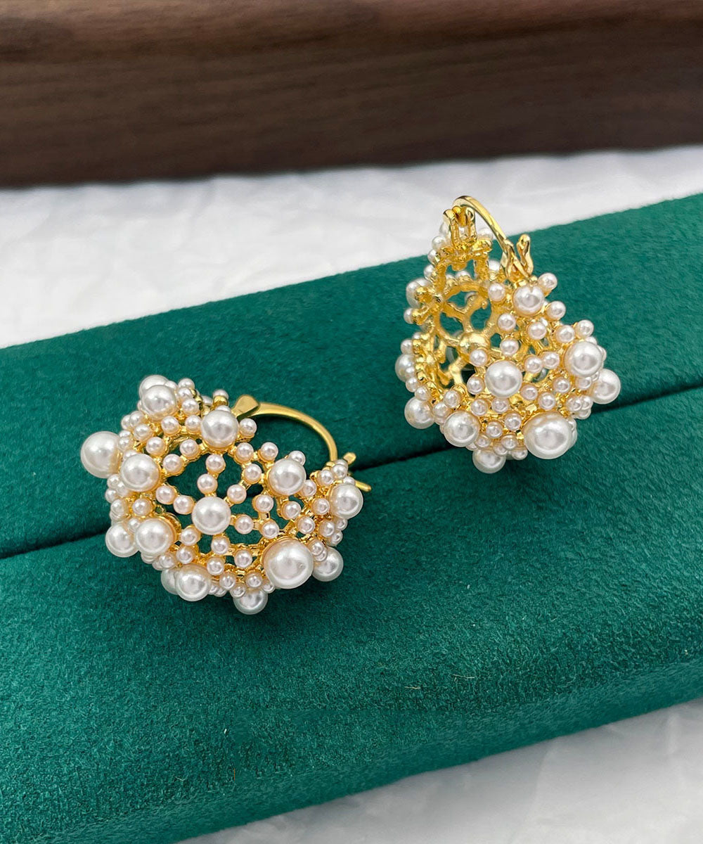 Vogue Colorblock Copper Overgild Pearl Hollow Out Hoop Earrings