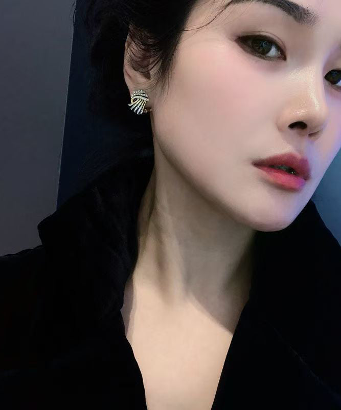 Vogue Gold 14K Gold Zircon Striped Hollow Out Hoop Earrings