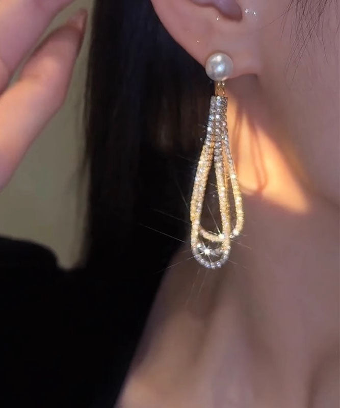 Vogue Gold Alloy Zircon Pearl Tassel Drop Earrings