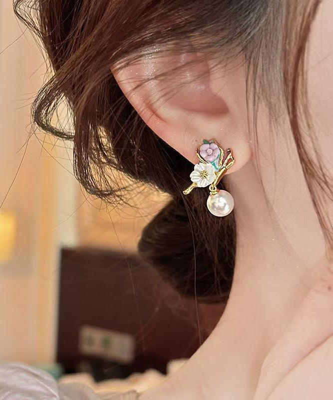 Vogue Gold Copper Alloy Pearl Butterfly Stud Earrings