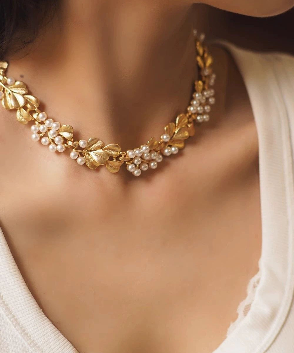 Vogue Gold Copper Alloy Pearl Ginkgo Leaf Gratuated Bead Necklace