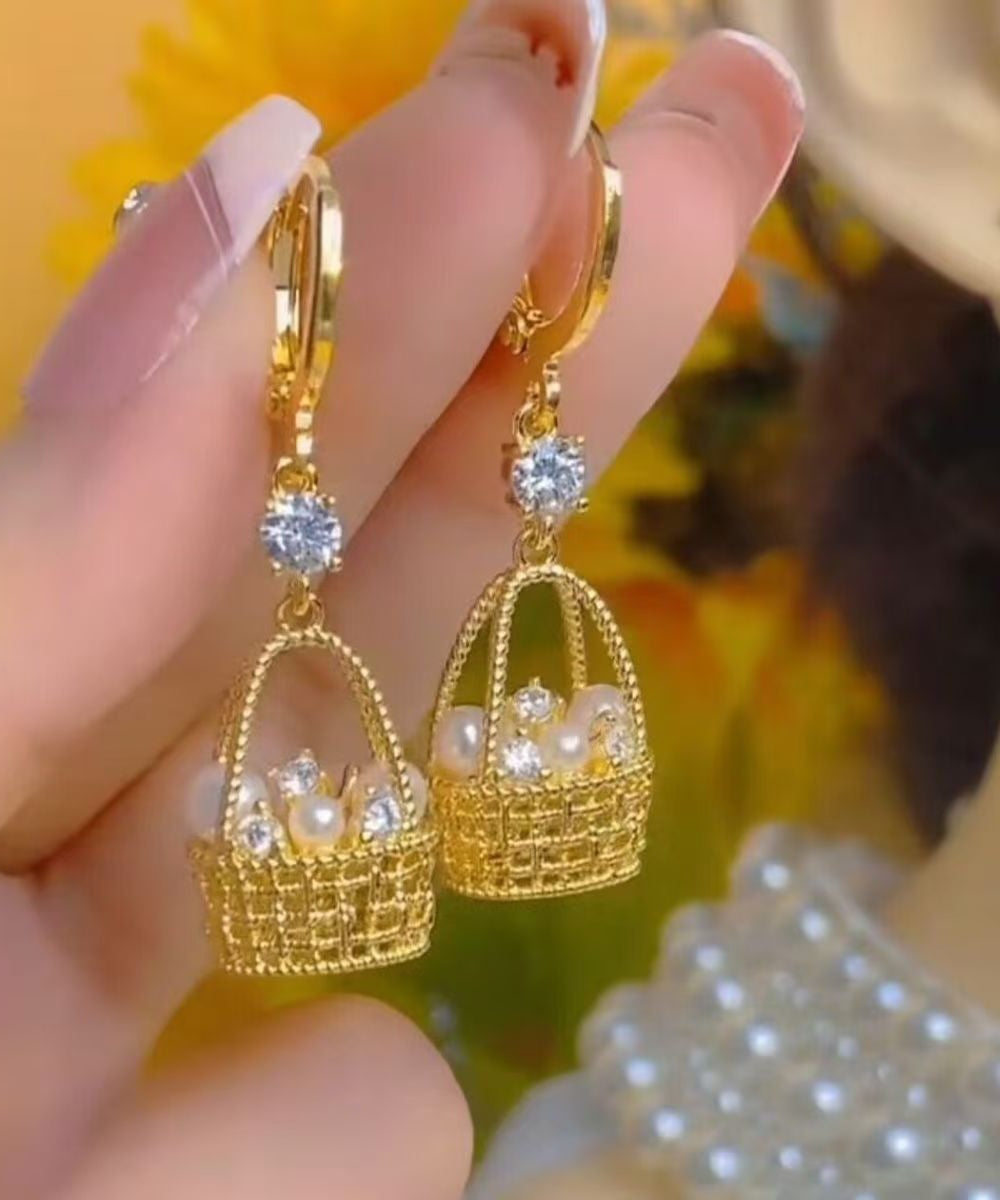 Vogue Gold Copper Alloy Zircon Pearl Fower Basket Drop Earrings