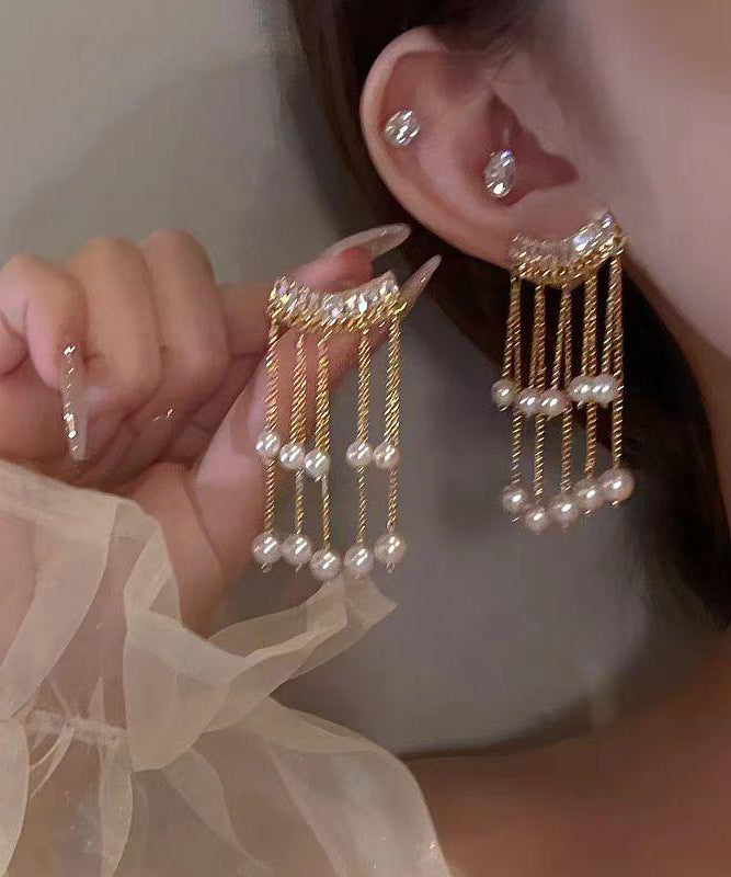 Vogue Gold Copper Alloy Zircon Pearl Tassel Drop Earrings