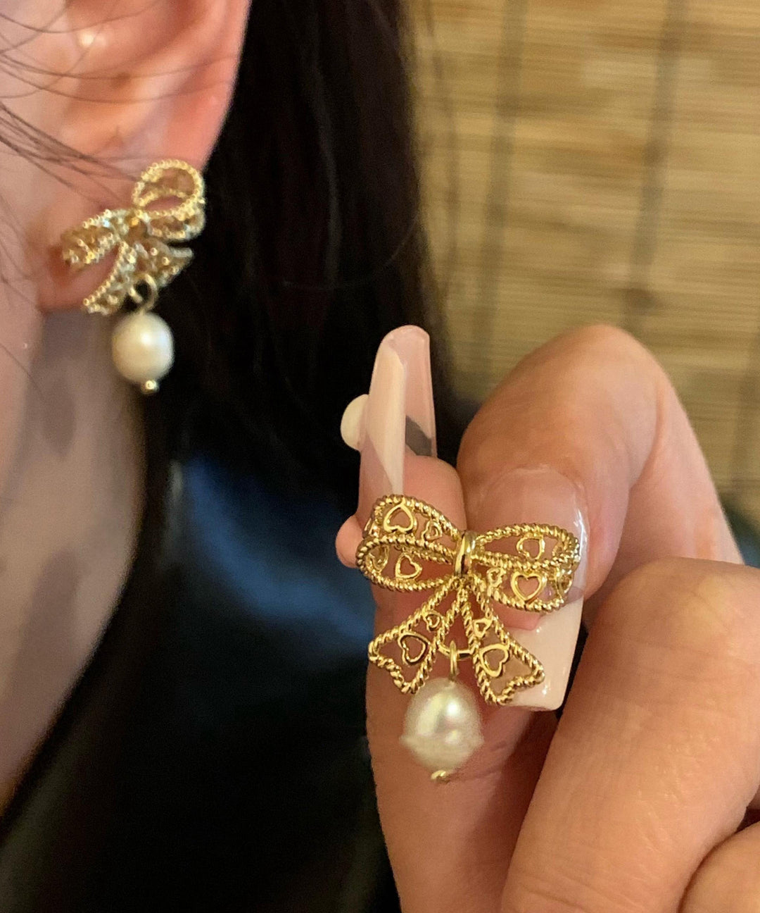 Vogue Gold Copper Overgild Hollow Out Bow Pearl Drop Earrings