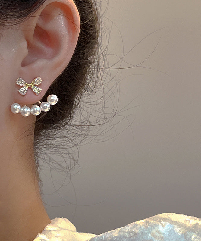 Vogue Gold Copper Overgild Zircon Pearl Bow Drop Earrings