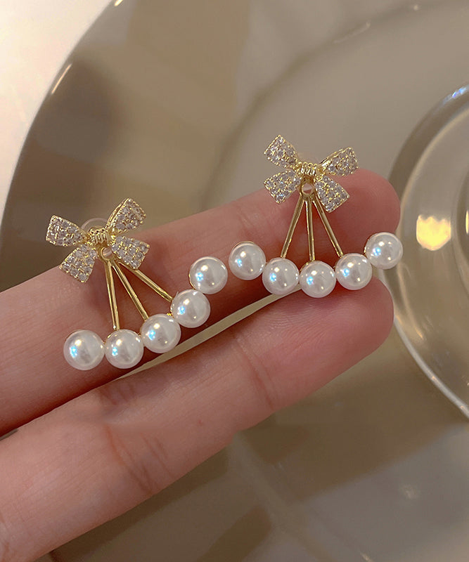 Vogue Gold Copper Overgild Zircon Pearl Bow Drop Earrings