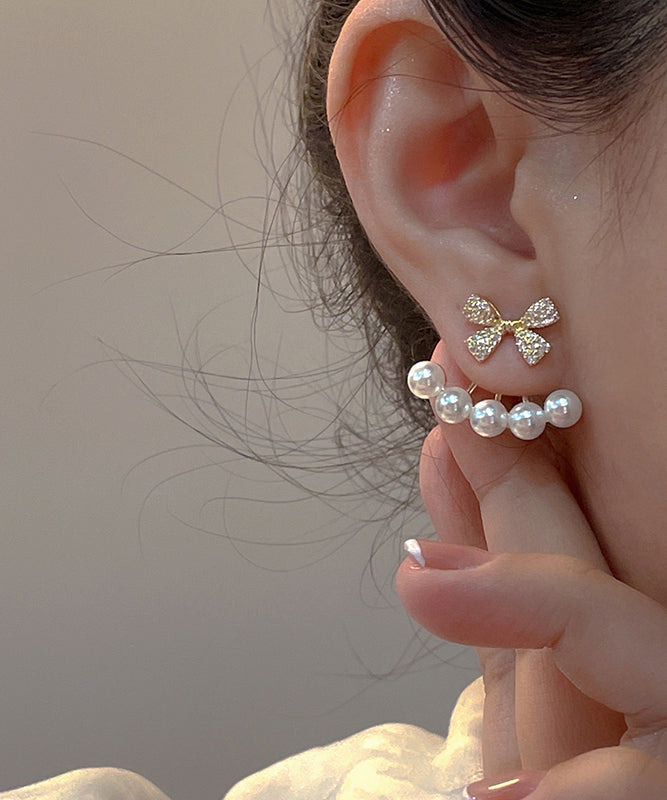 Vogue Gold Copper Overgild Zircon Pearl Bow Drop Earrings
