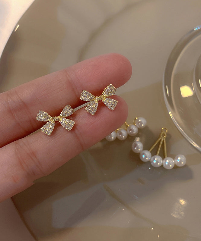 Vogue Gold Copper Overgild Zircon Pearl Bow Drop Earrings
