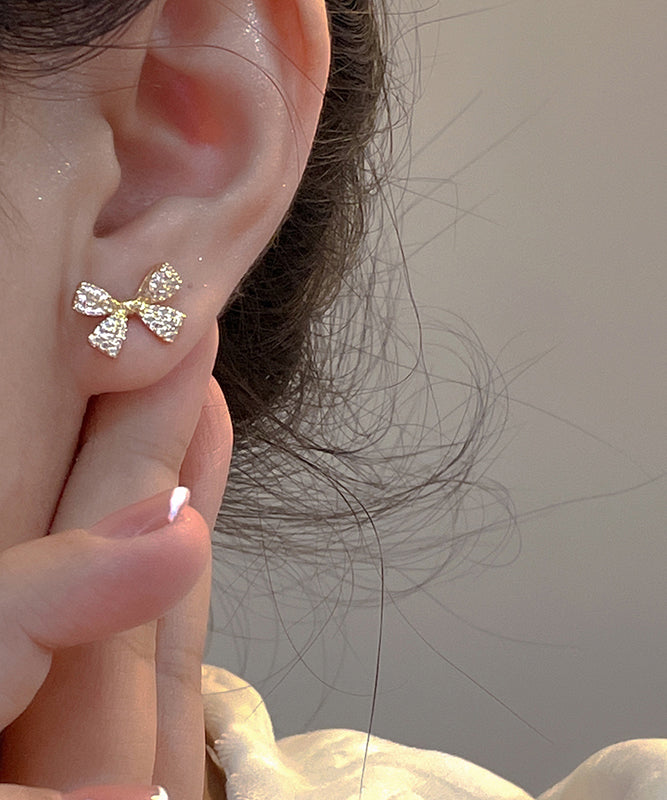 Vogue Gold Copper Overgild Zircon Pearl Bow Drop Earrings