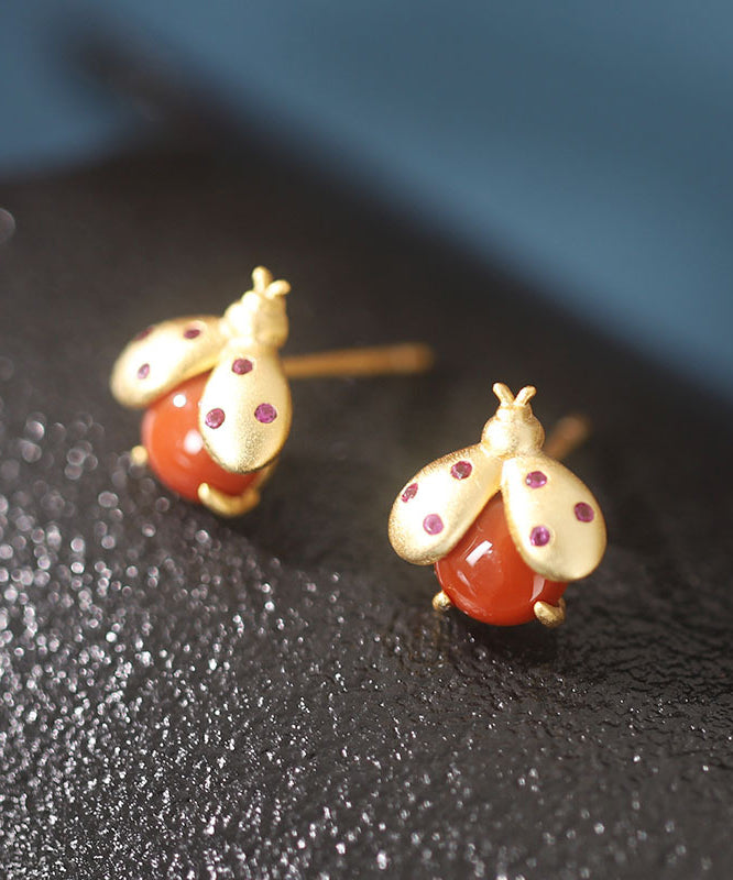 Vogue Gold Sterling Silver Overgild Jade Little Beetle Stud Earrings