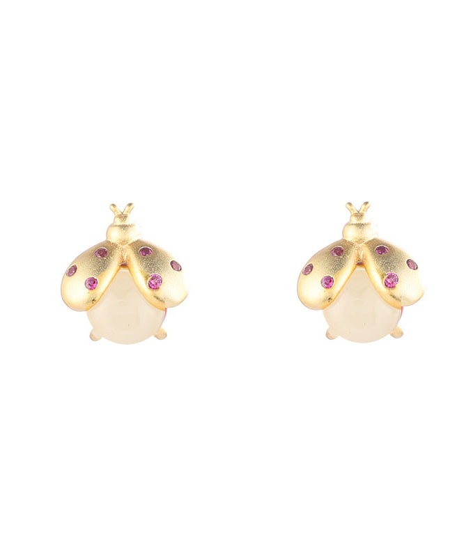 Vogue Gold Sterling Silver Overgild Jade Little Beetle Stud Earrings