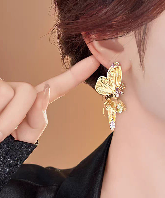 Vogue Gold Sterling Silver Overgild Zircon Hollow Out Butterfly Tassel Drop Earrings