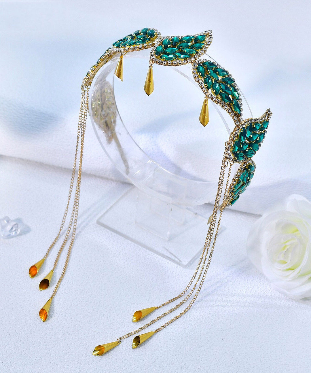 Vogue Green Alloy Zircon Leaf Tassel HairPiece