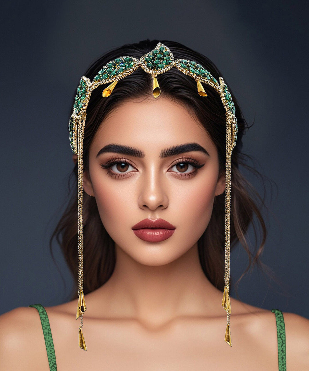 Vogue Green Alloy Zircon Leaf Tassel HairPiece