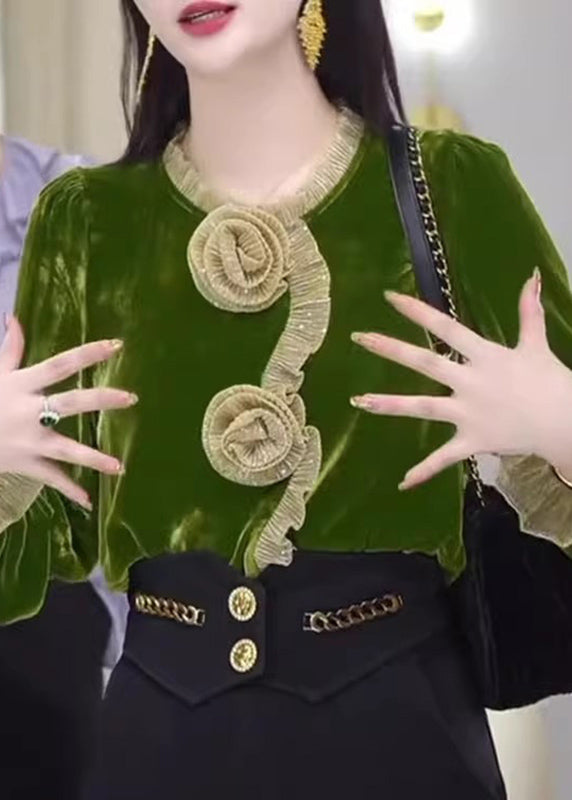 Vogue Green O-Neck Floral Silk Velour Shirt Flare Sleeve