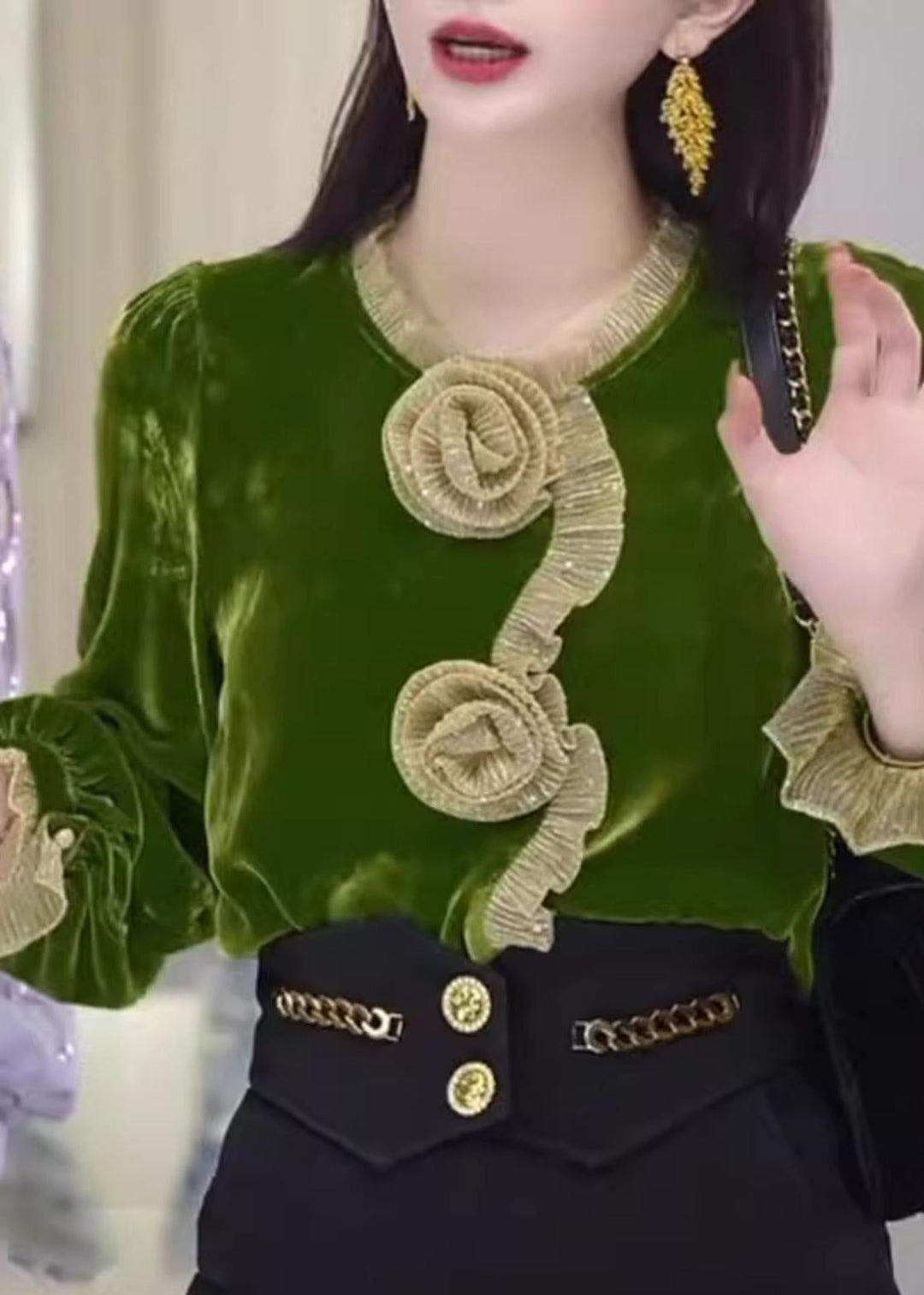 Vogue Green O-Neck Floral Silk Velour Shirt Flare Sleeve