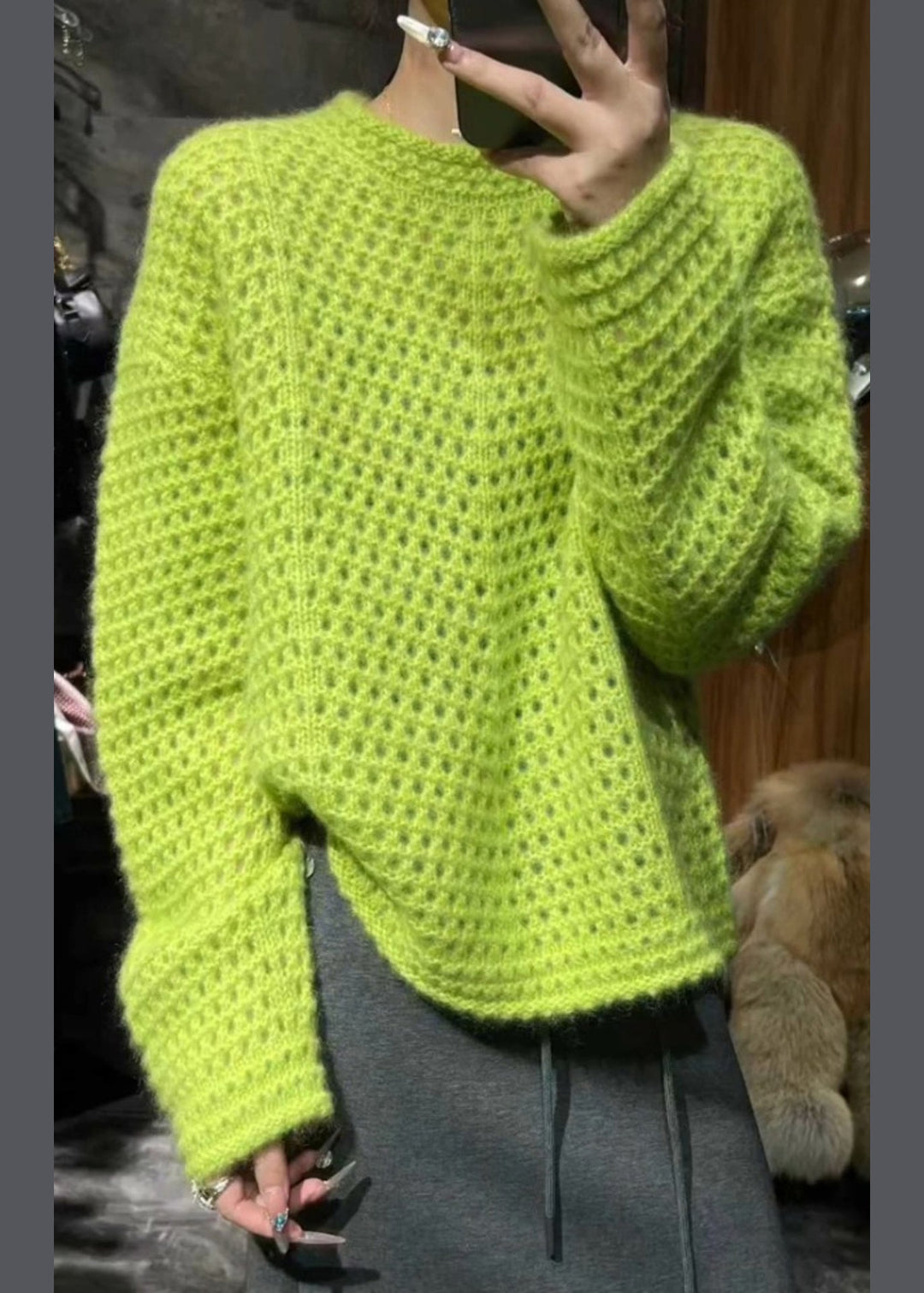 Vogue Green O-Neck Hollow Out Cotton Knit Sweater Fall
