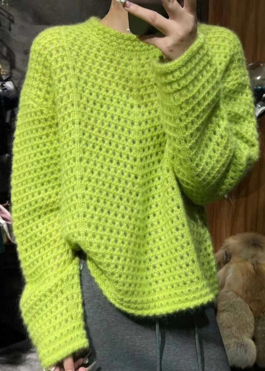 Vogue Green O-Neck Hollow Out Cotton Knit Sweater Fall