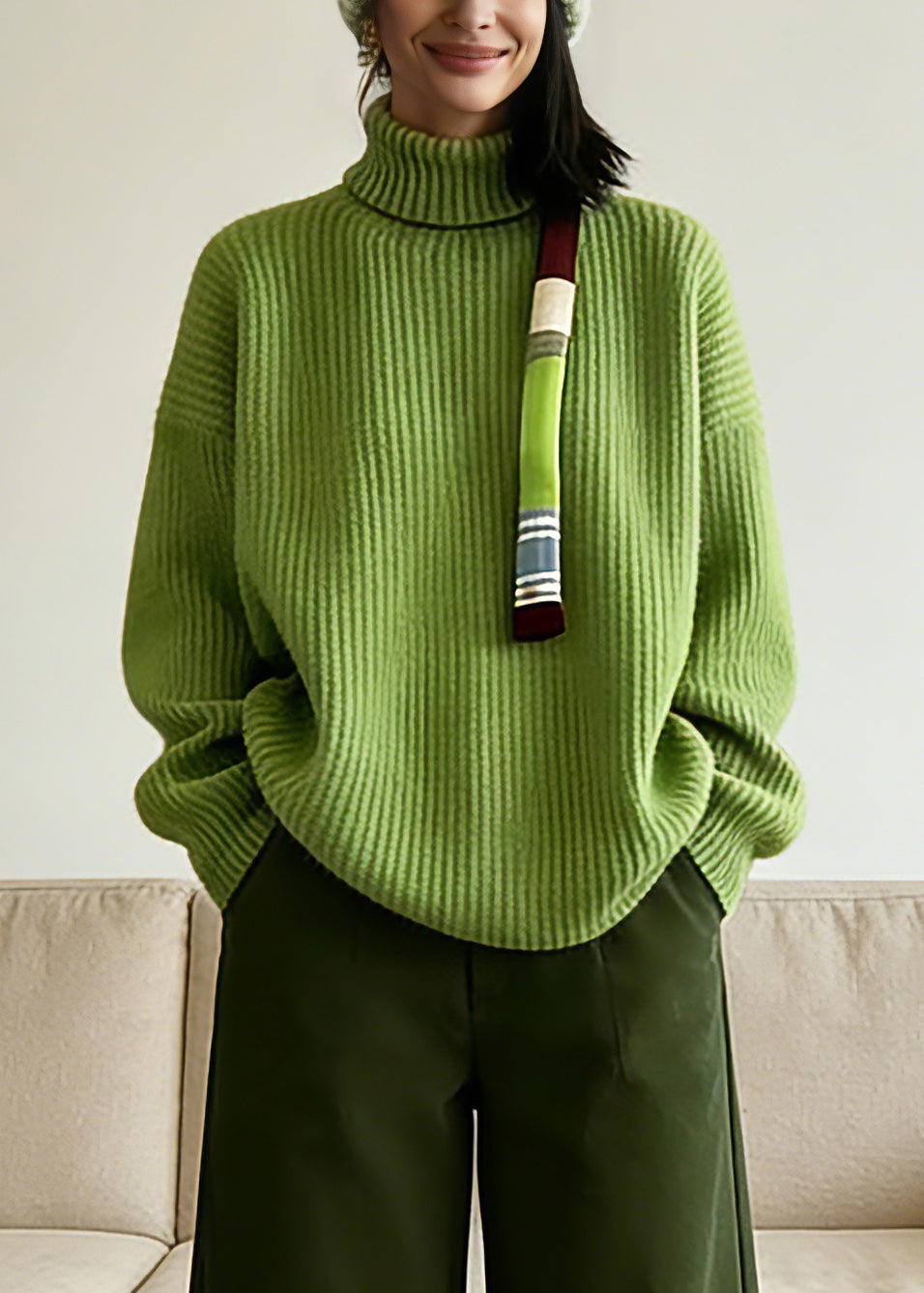 Vogue Green Turtleneck Cotton Knit Sweaters And Crop Pants Two-Piece Set Spring - Omychic