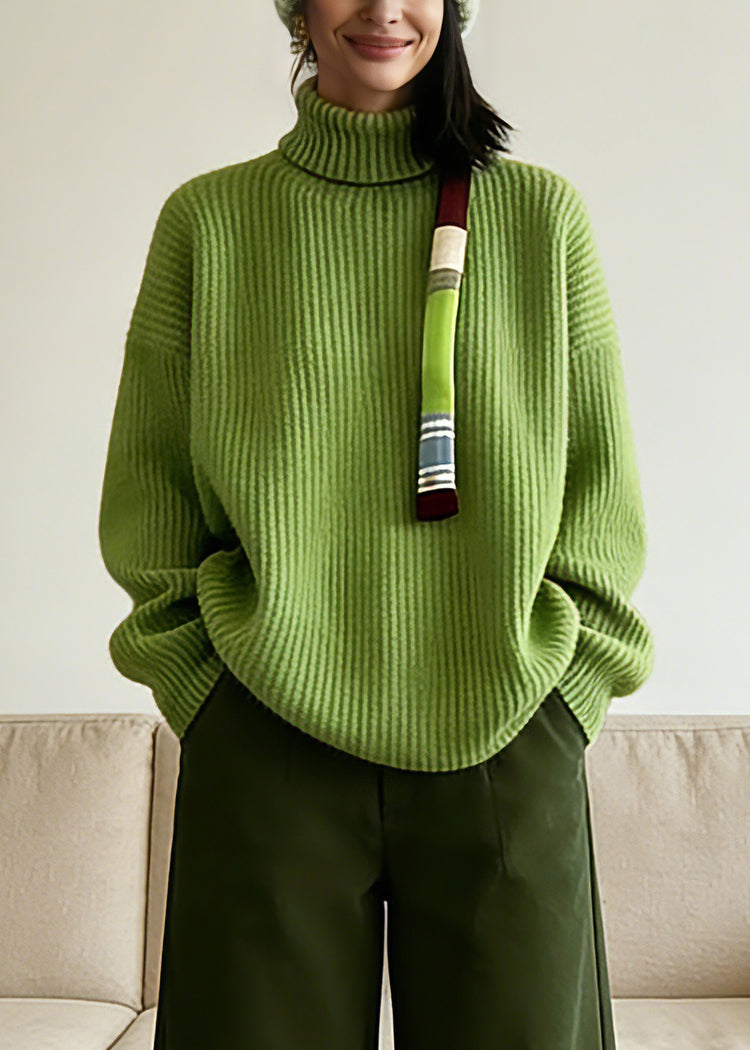 Vogue Green Turtleneck Cotton Knit Sweaters And Crop Pants Two-Piece Set Spring - Omychic