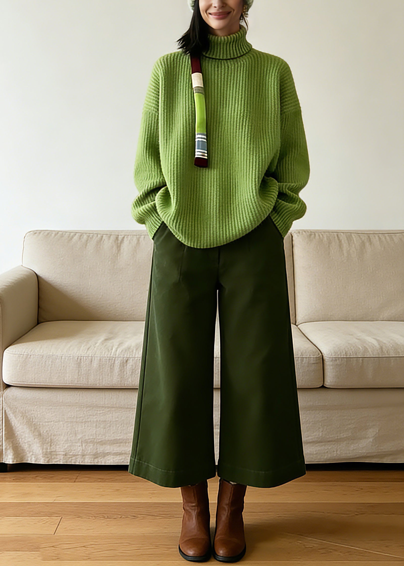 Vogue Green Turtleneck Cotton Knit Sweaters And Crop Pants Two-Piece Set Spring - Omychic