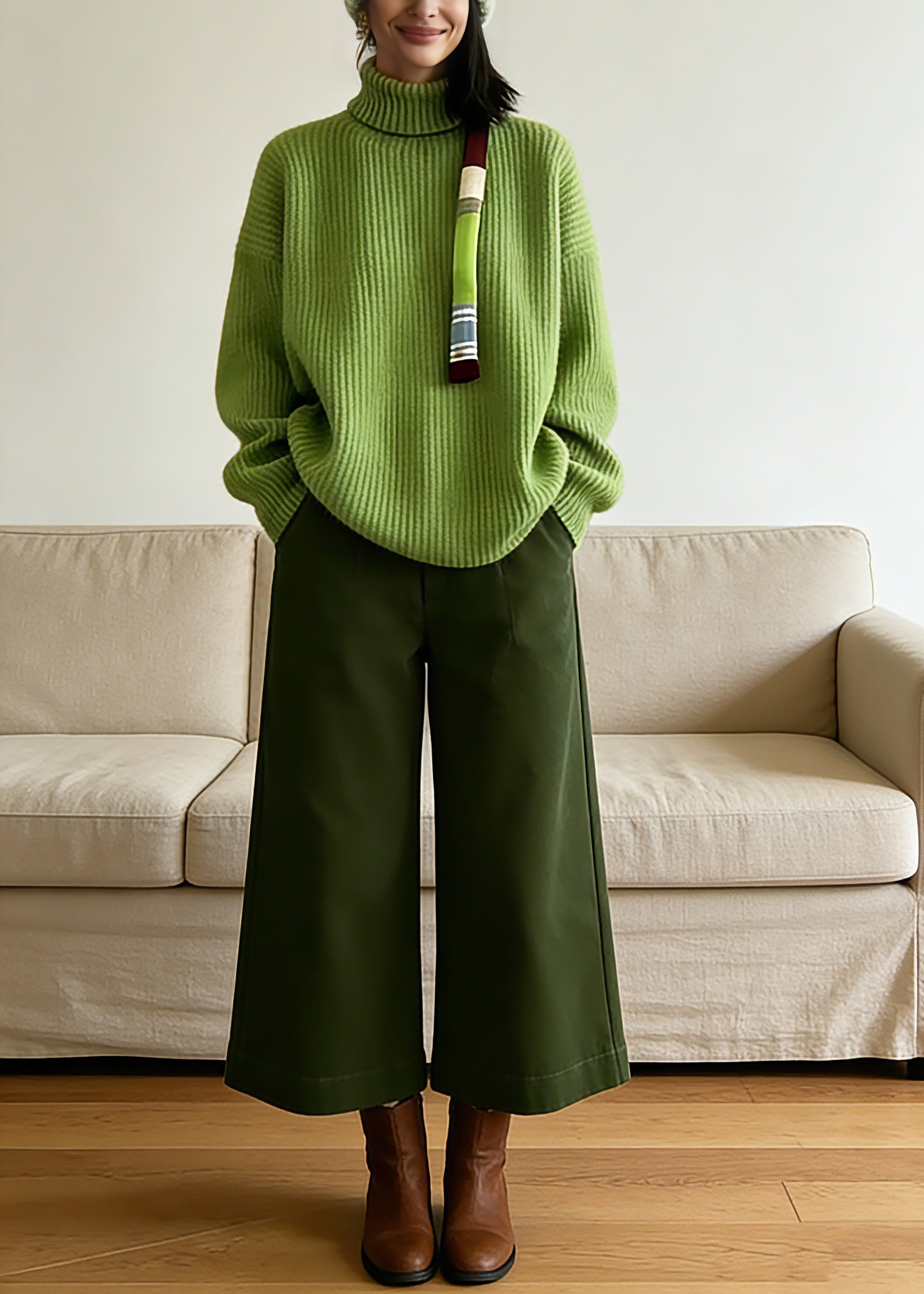 Vogue Green Turtleneck Cotton Knit Sweaters And Crop Pants Two-Piece Set Spring - Omychic
