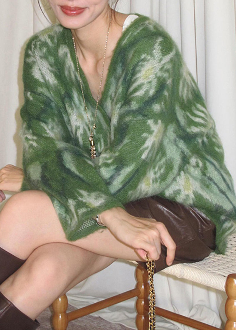 Vogue Green V Neck Patchwork Cozy Cotton Knit Sweater Fall