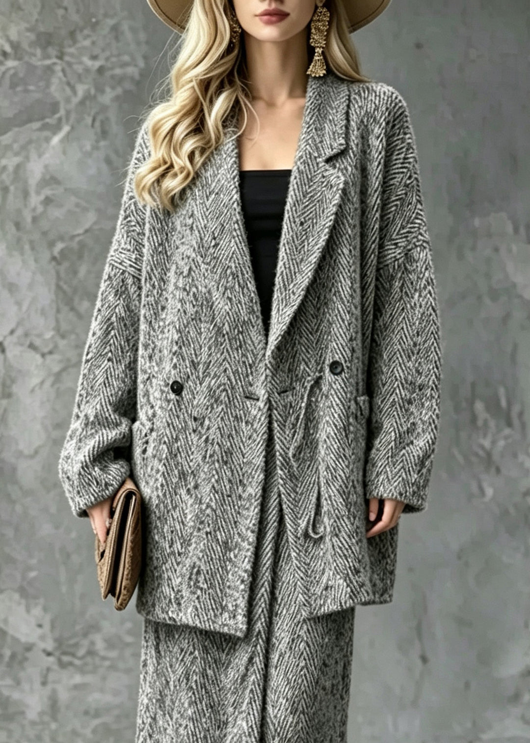 Vogue Grey Notched Notched Woolen Coat And Maxi Skirts Two Pieces Set Fall