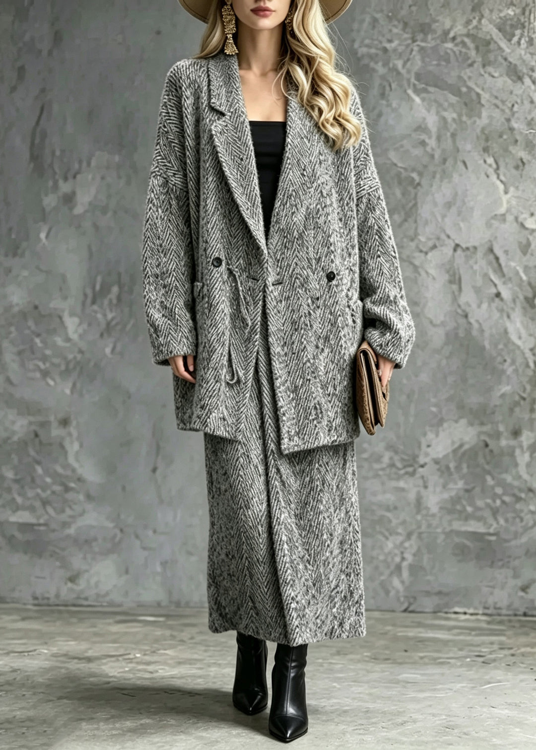 Vogue Grey Notched Notched Woolen Coat And Maxi Skirts Two Pieces Set Fall
