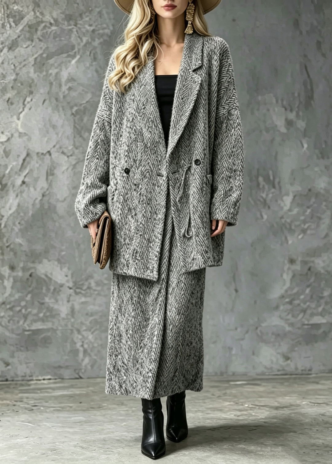 Vogue Grey Notched Notched Woolen Coat And Maxi Skirts Two Pieces Set Fall