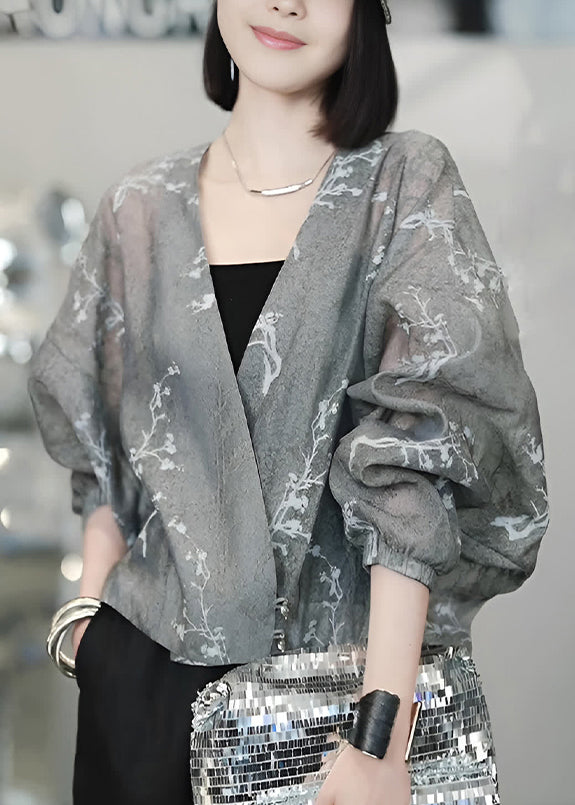 Vogue Grey V Neck Print Button Tulle Coats Batwing Sleeve