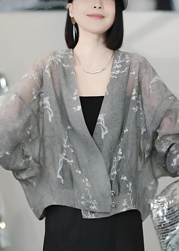 Vogue Grey V Neck Print Button Tulle Coats Batwing Sleeve