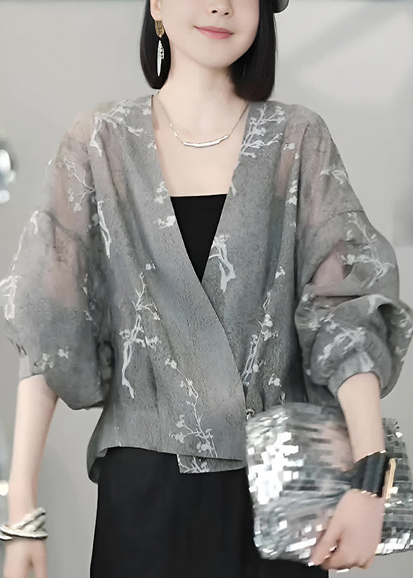 Vogue Grey V Neck Print Button Tulle Coats Batwing Sleeve