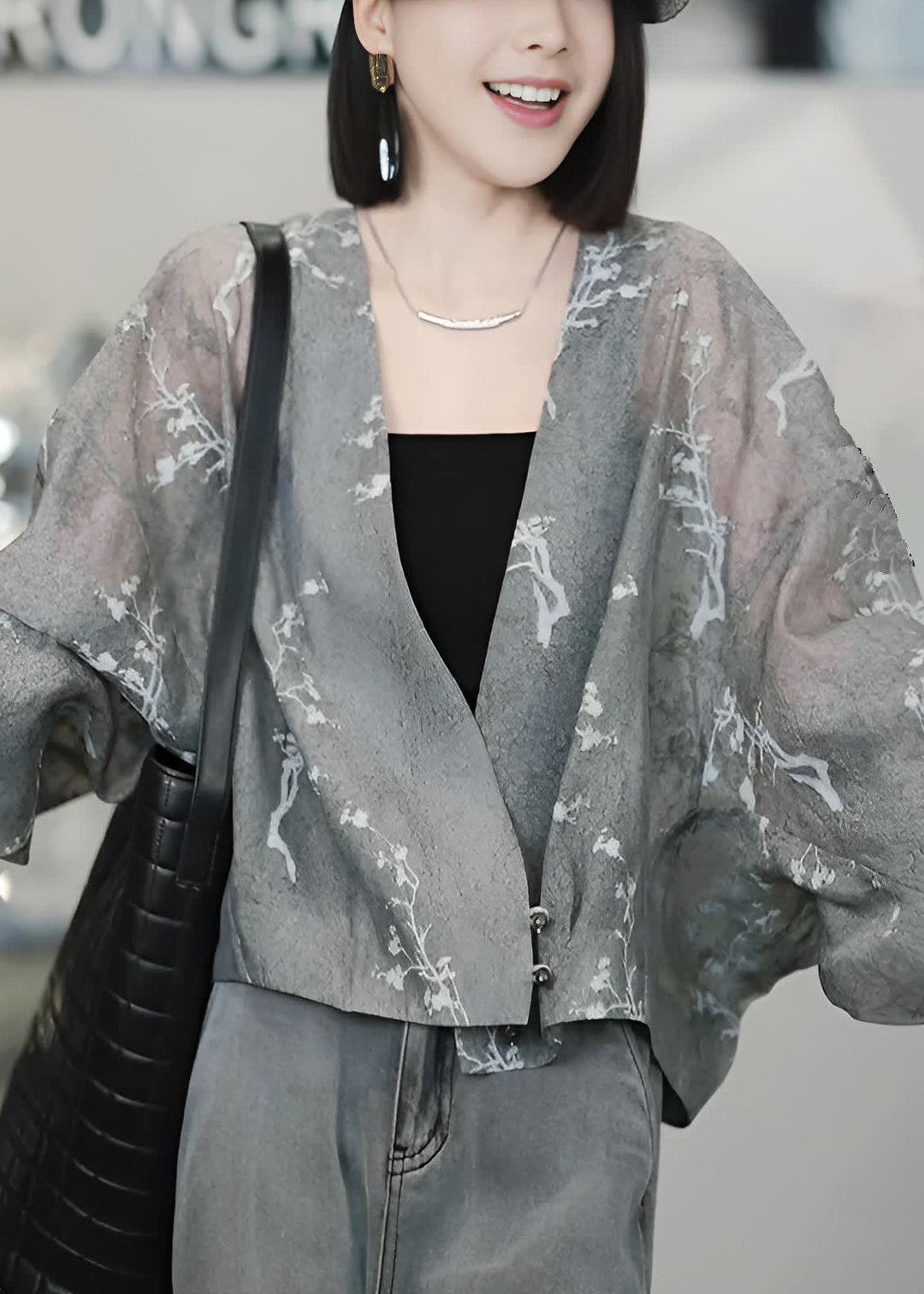 Vogue Grey V Neck Print Button Tulle Coats Batwing Sleeve