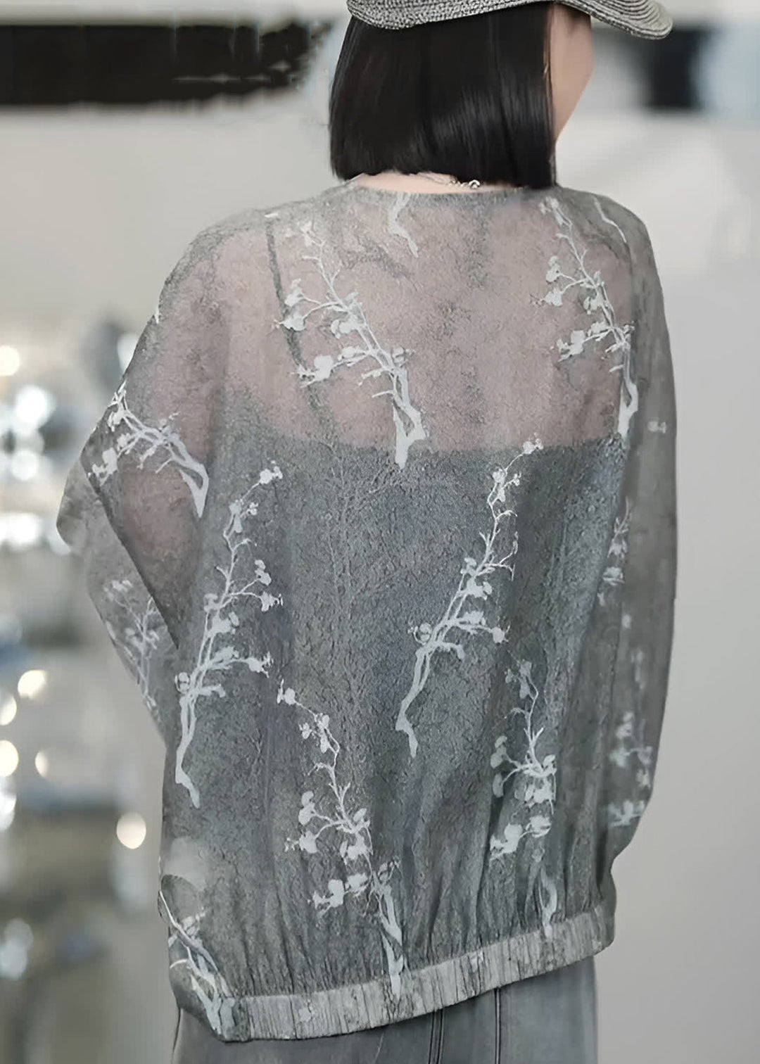 Vogue Grey V Neck Print Button Tulle Coats Batwing Sleeve