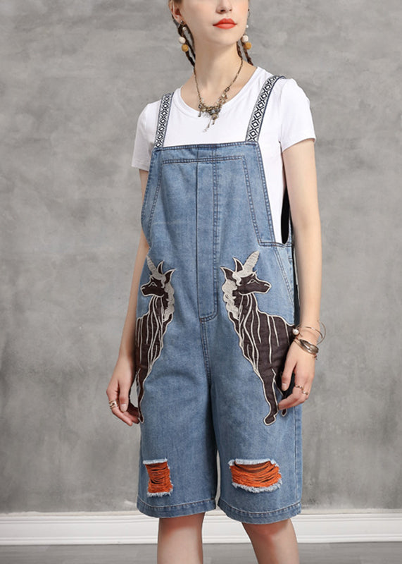 Vogue Light Blue Slash Neck Print Patchwork Denim Jumpsuits Summer