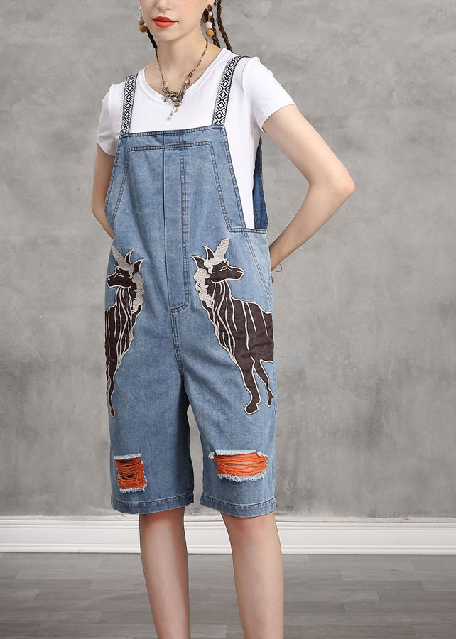 Vogue Light Blue Slash Neck Print Patchwork Denim Jumpsuits Summer