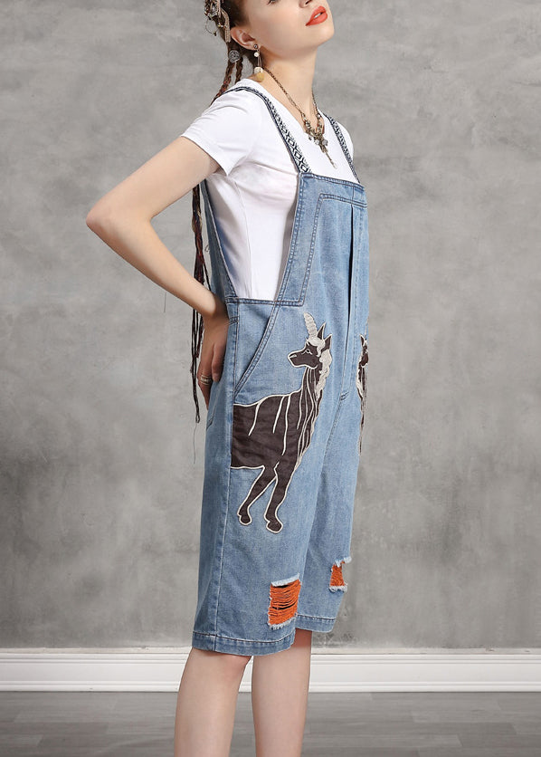 Vogue Light Blue Slash Neck Print Patchwork Denim Jumpsuits Summer