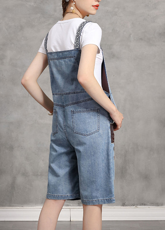 Vogue Light Blue Slash Neck Print Patchwork Denim Jumpsuits Summer
