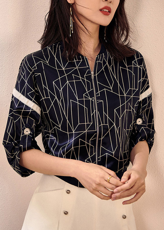 Vogue Navy O-Neck Plaid Zippered Coat Fall